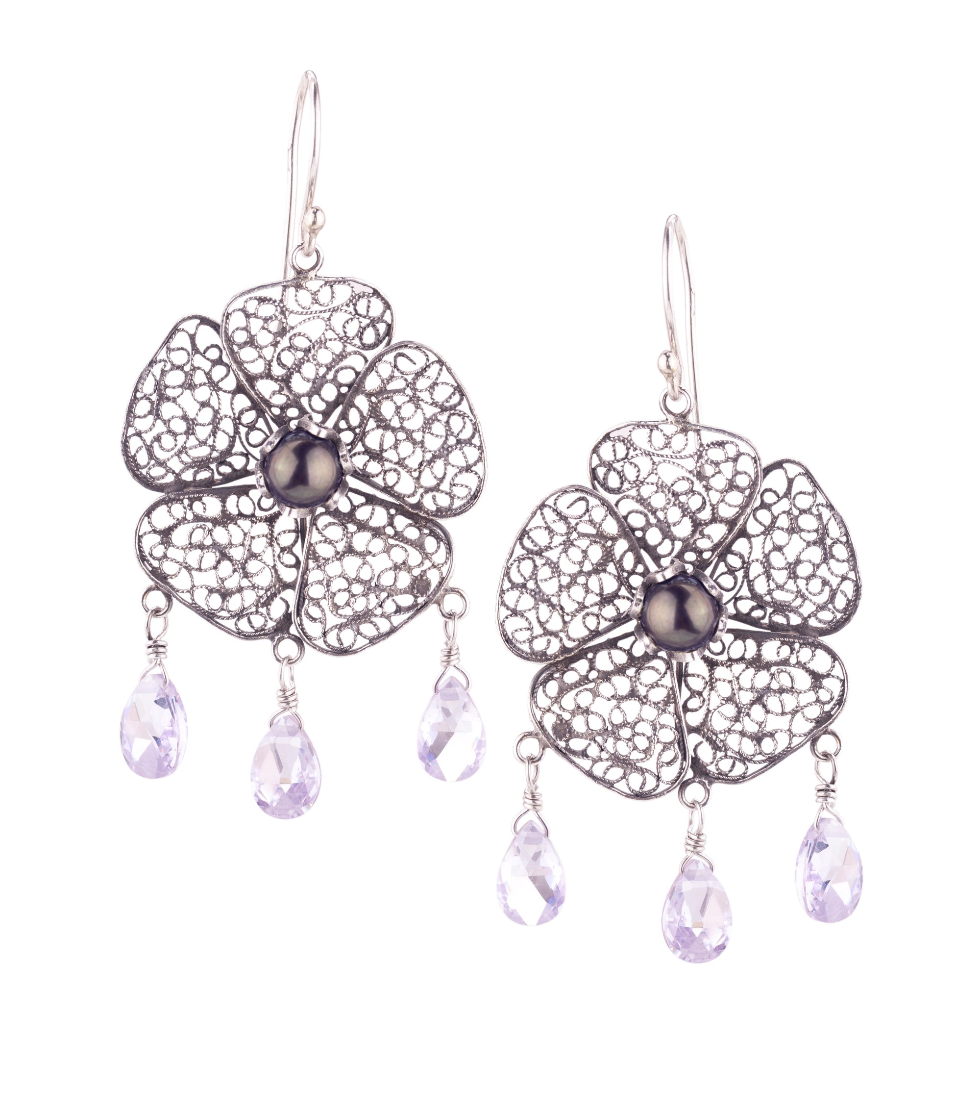 Spring Bloom Earrings - Gray Pearl and Purple CZ