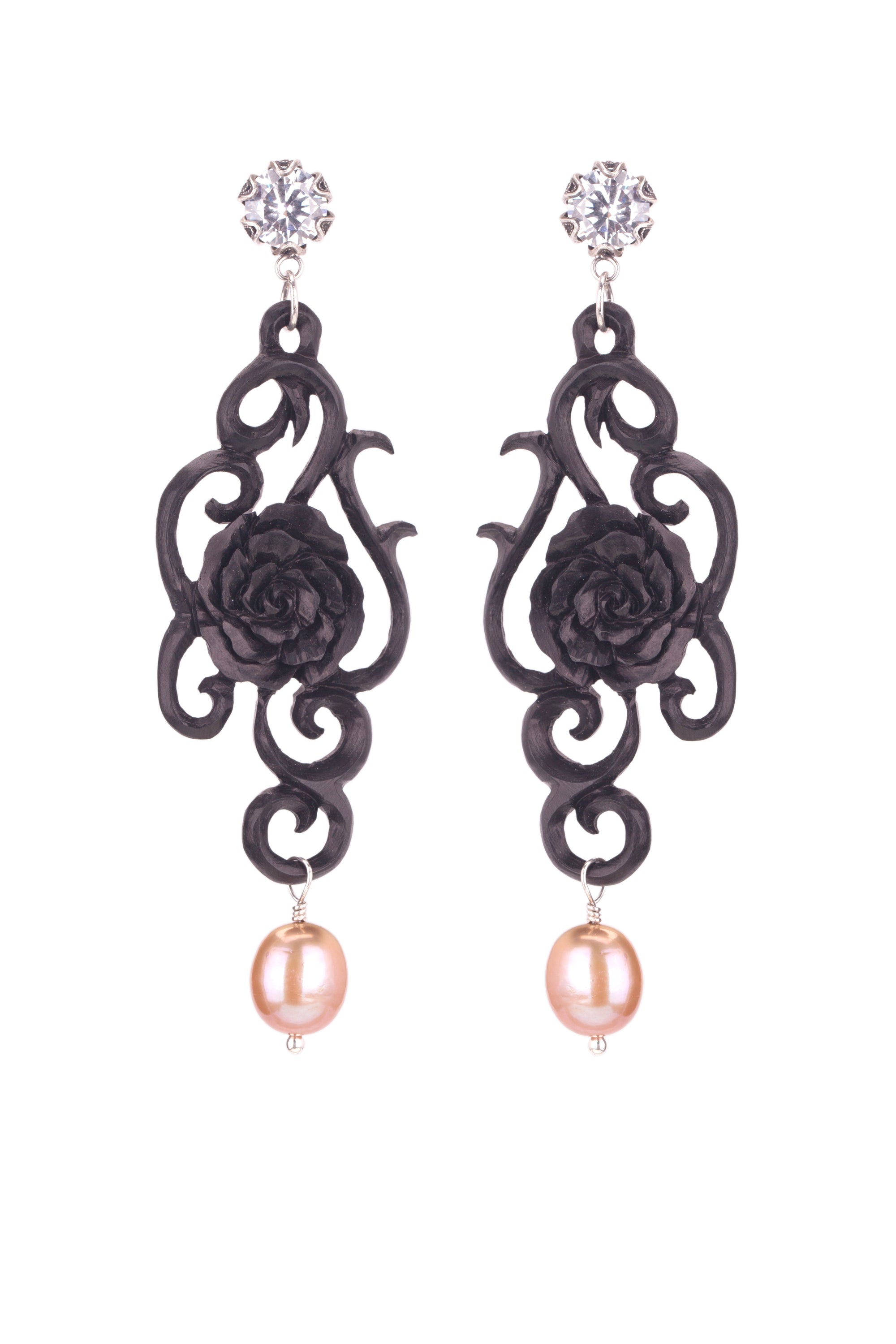 Carved Rose Earrings - White CZ/Cream Pearl