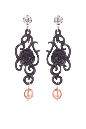 Carved Rose Earrings - White CZ/Cream Pearl
