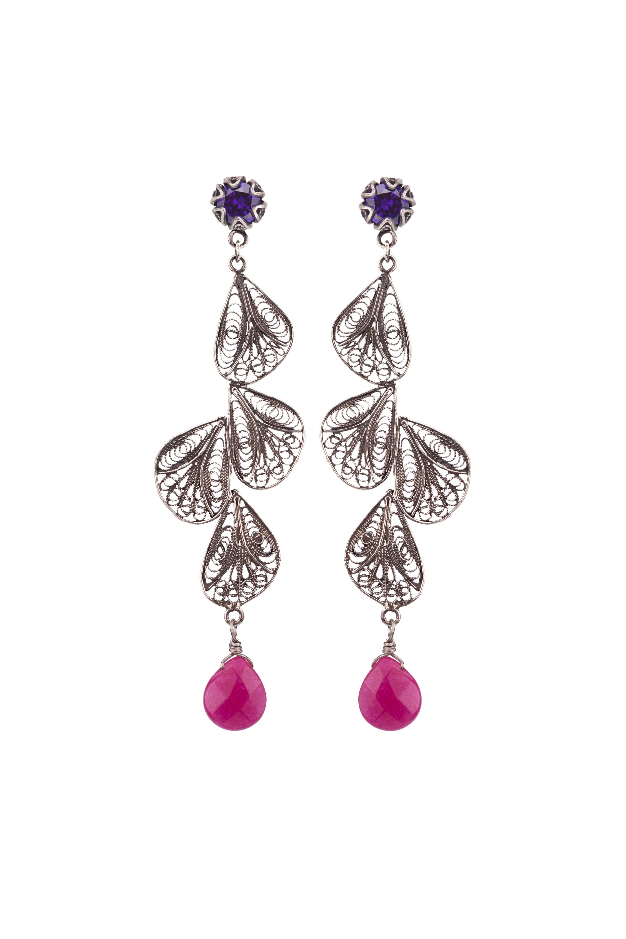 Silver Filigree Flower Petal Earrings - purple CZ / raspberry jade