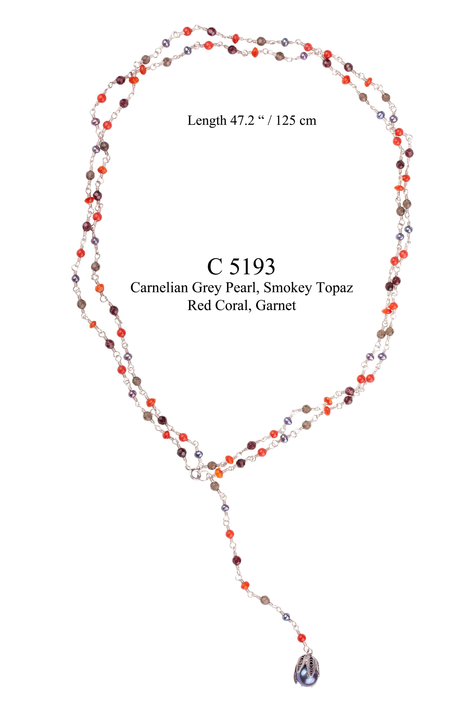 C5193 Carnelian Grey Pearl, Smokey Topaz, Red Coral & Garnet Necklace