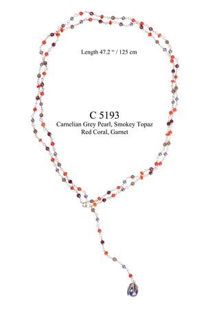 C5193 Carnelian Grey Pearl, Smokey Topaz, Red Coral & Garnet Necklace