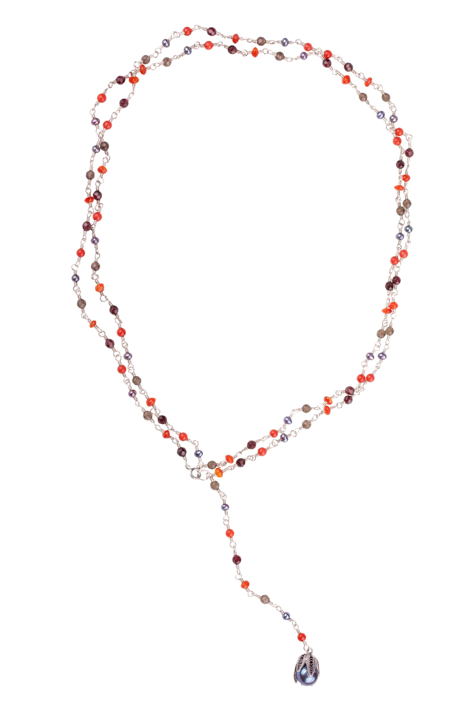 C5193 Carnelian Grey Pearl, Smokey Topaz, Red Coral & Garnet Necklace