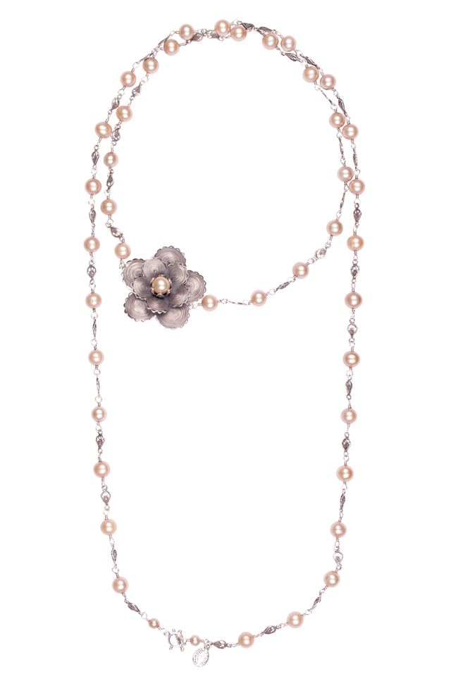 Large Flower Long Cream Pearl Necklace C2414