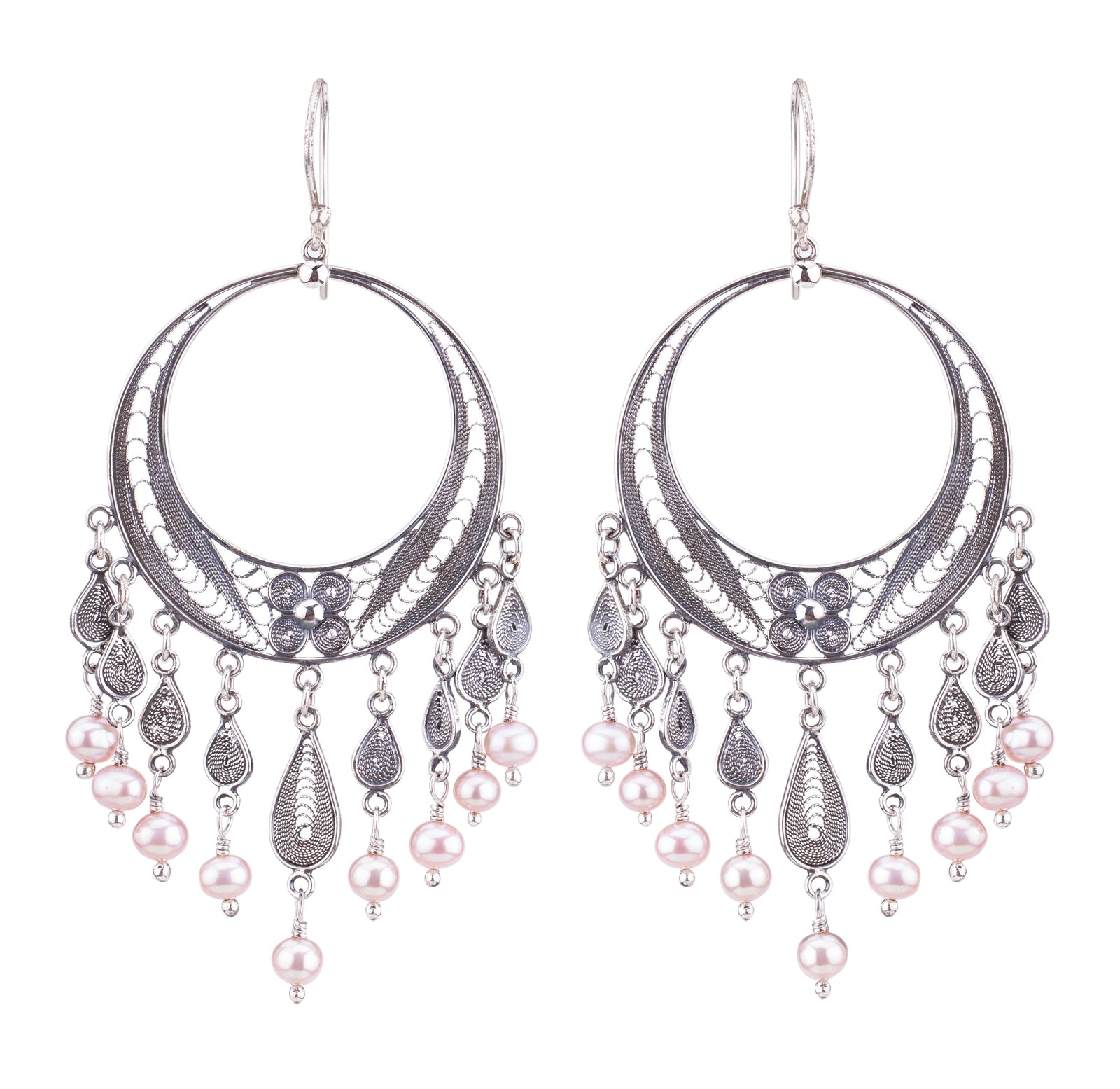 Pink Pearl Filigree Chandelier Earrings