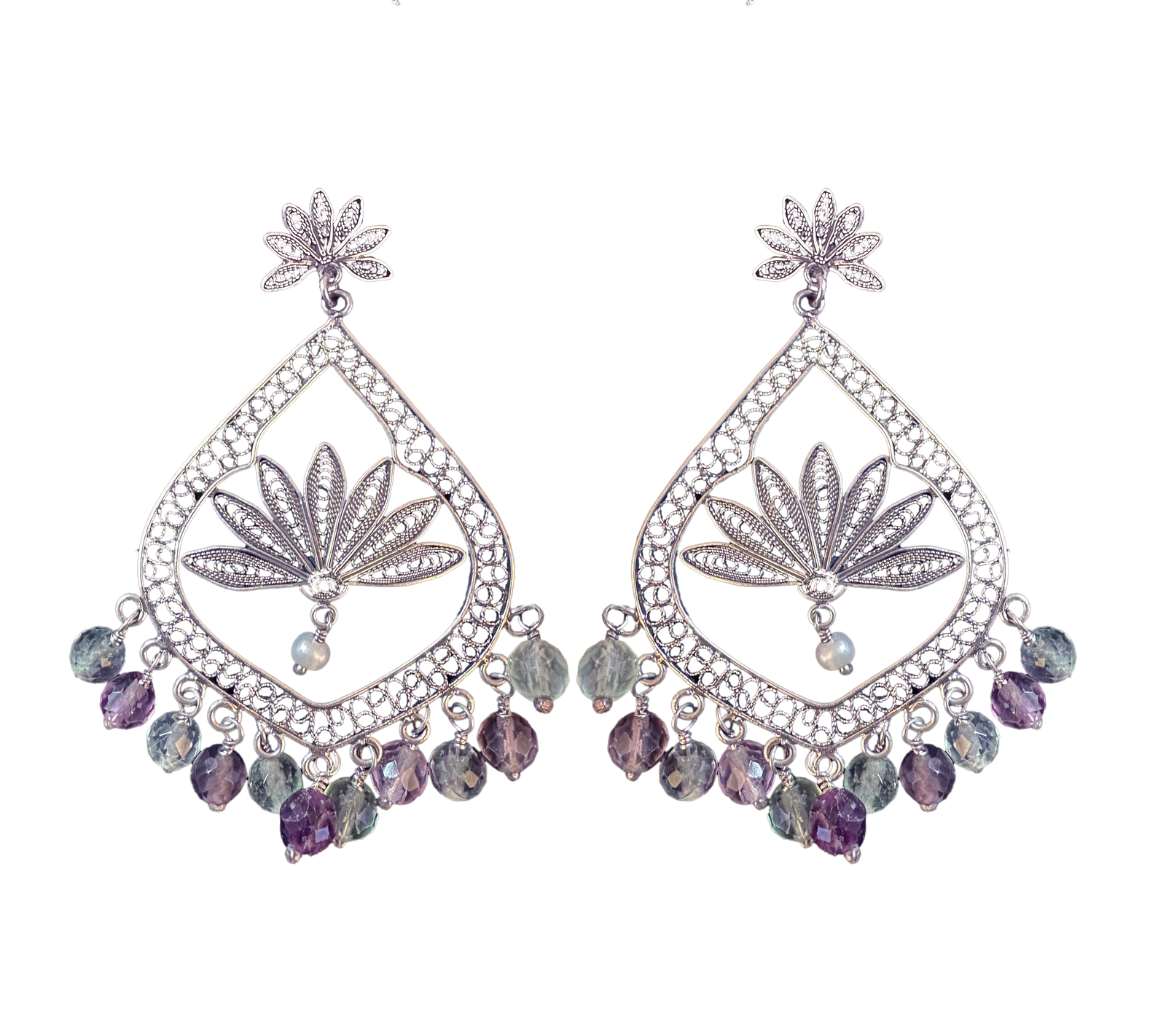 Nouveau earrings - Fluorite, Cream Pearl