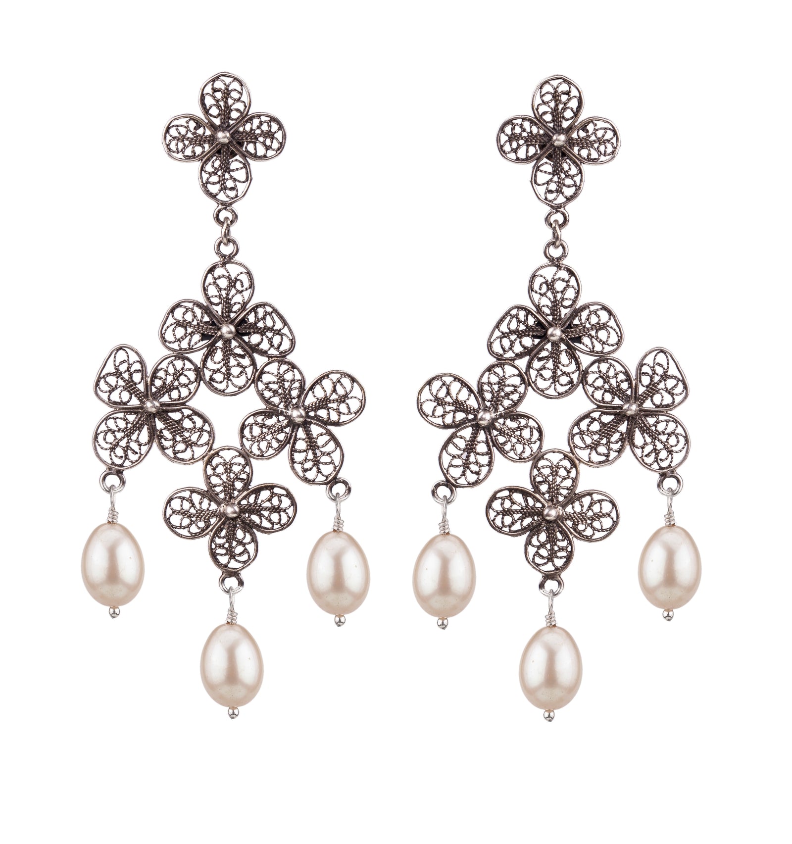 Filigree Flower Earrings with White Pearls