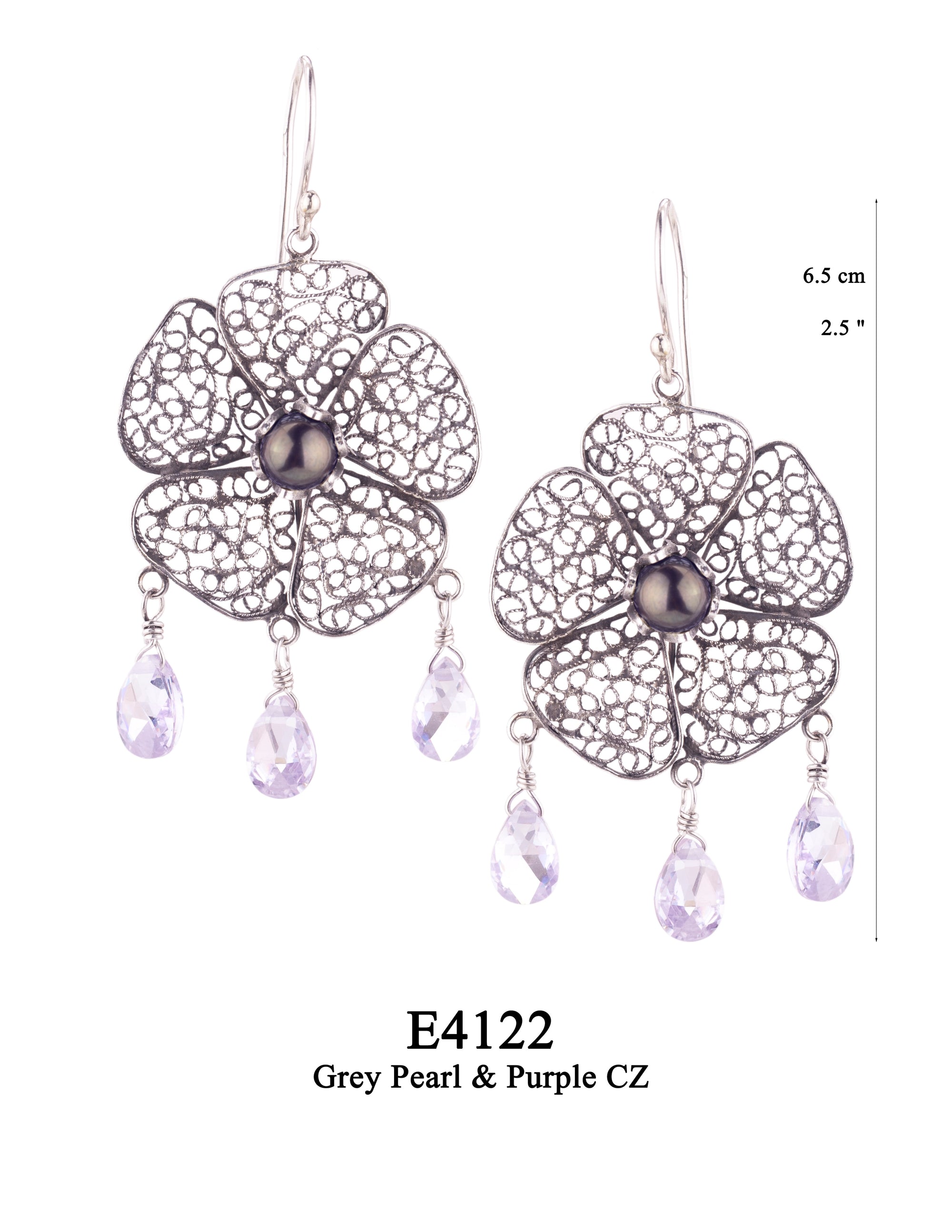 Spring Bloom Earrings - Gray Pearl and Purple CZ