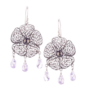 Spring Bloom Earrings - Gray Pearl and Purple CZ