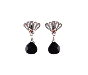 Deco Fan Earrings - Jet stone/ Apricot CZ ✿