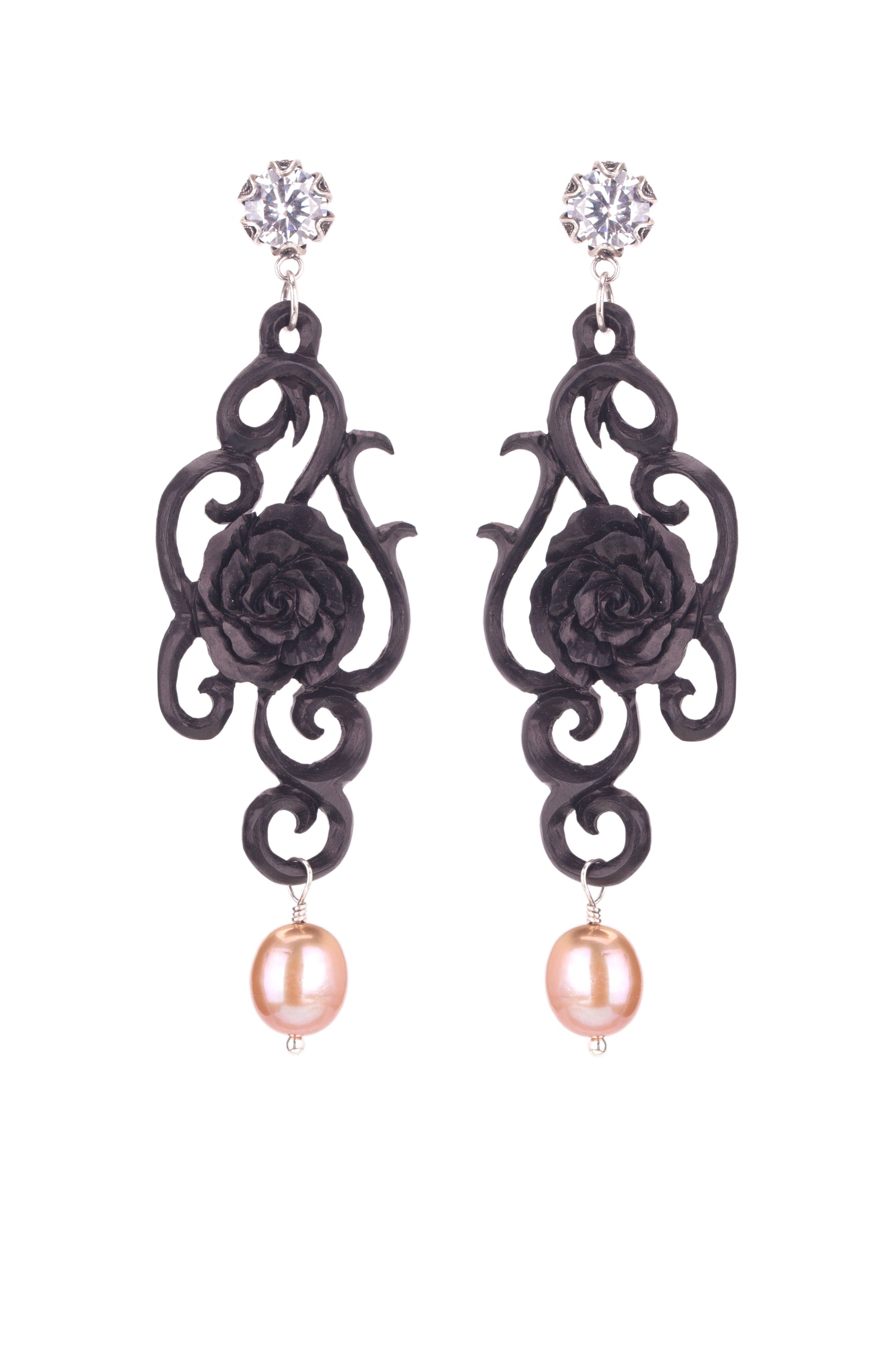 Boucles d'oreilles Rose Sculptée - CZ Blanc/Perle Crème ✿ 