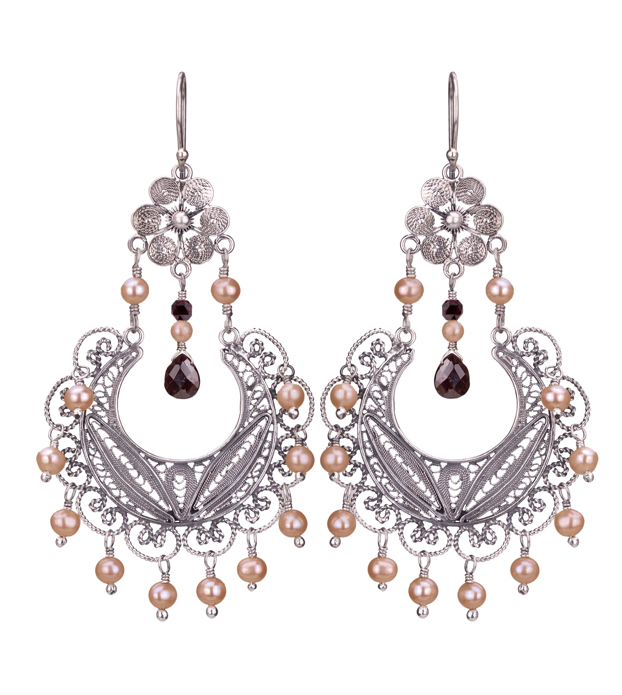 Frida Chandelier Earrings - Garnet and Cream Pearls