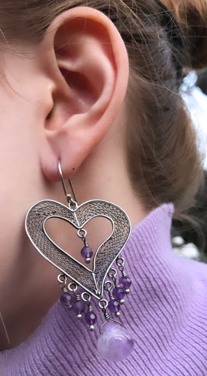 Heart earrings asymmetrical Amethyst
