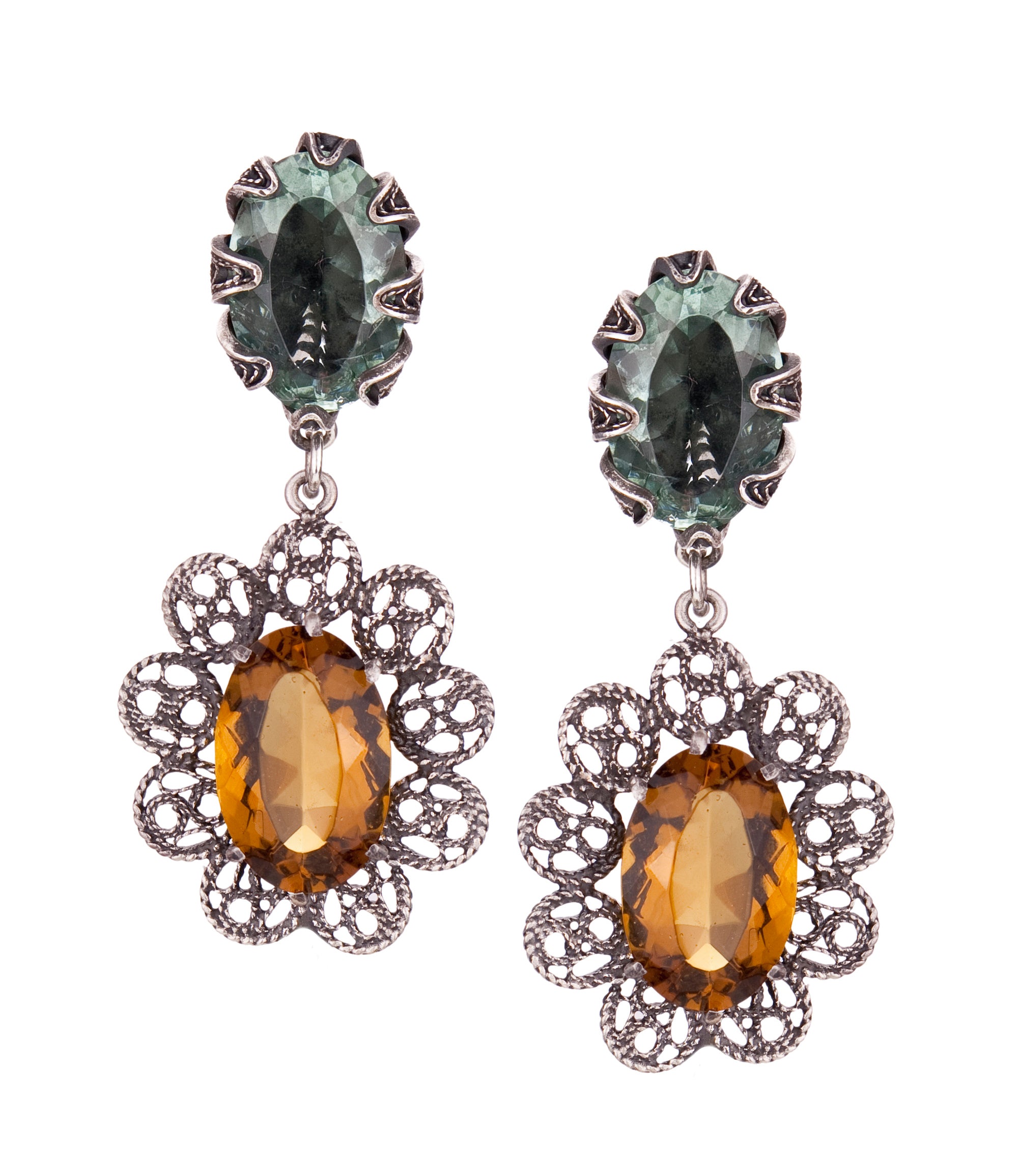 Boucles d'oreilles pendantes ovales en filigrane de citrine Lémurie ✿ 