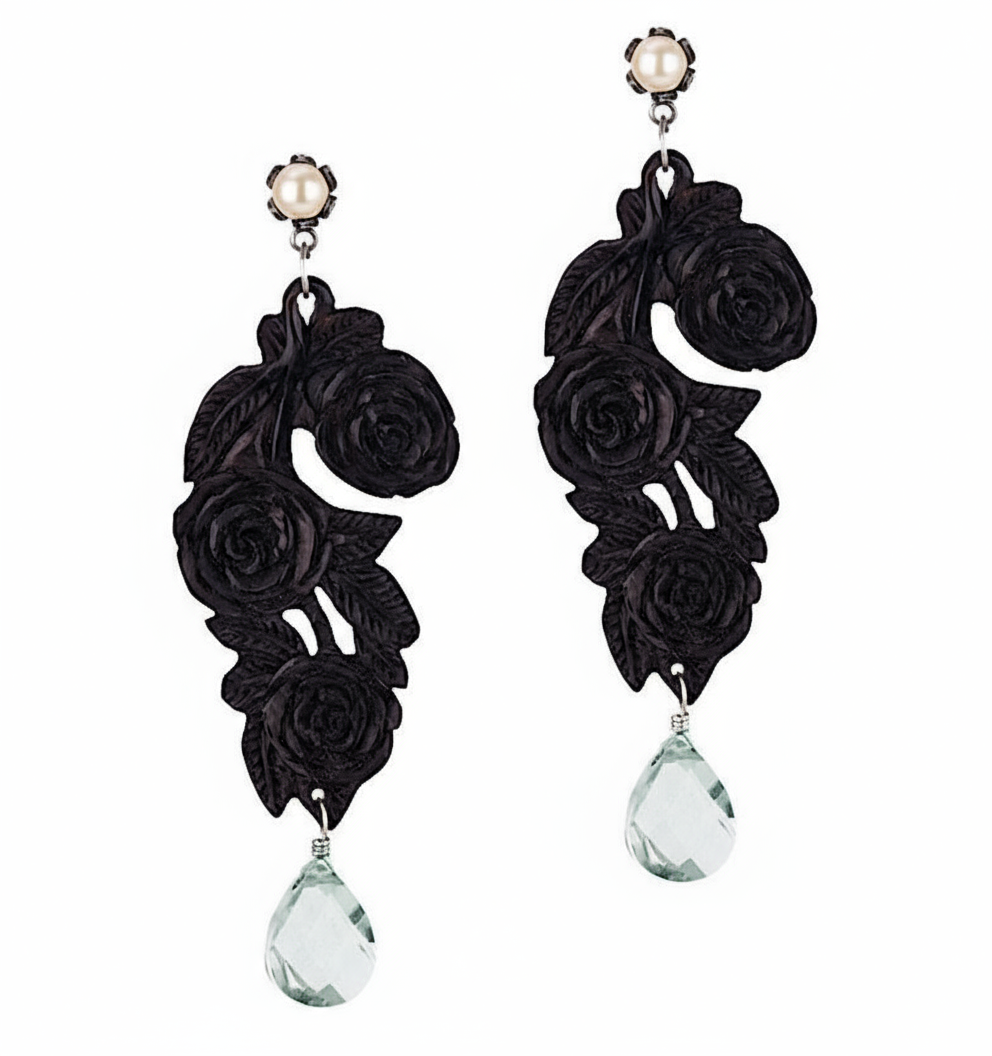 Hand carved black Rose earrings