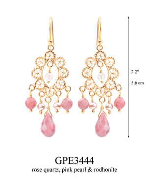 Pink Lace Earrings - with rhodolite, pink pearl, and rose quartz ✿