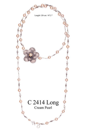 Large Flower Long Cream Pearl Necklace C2414
