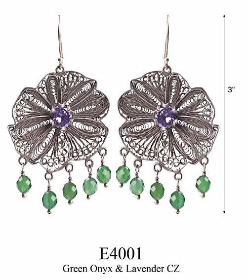 Boucles d'oreilles fleurs - onyx vert 