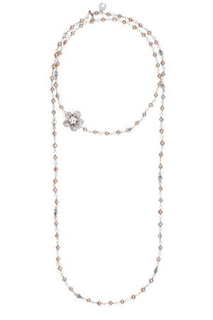 Long pearl necklace with small flower
