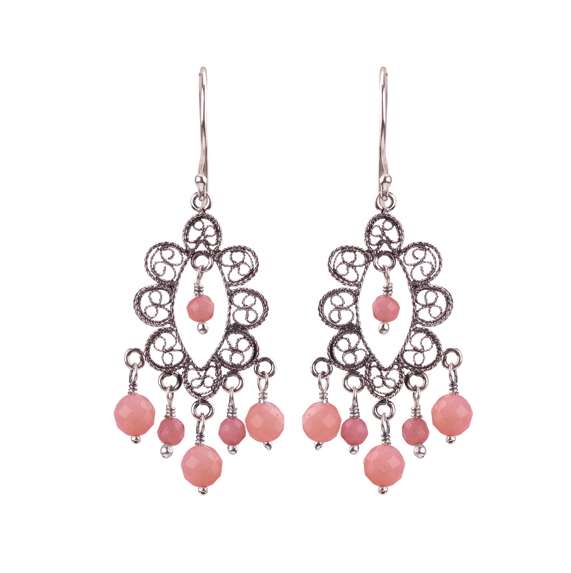 Boucles d'Oreilles Ovales en Dentelle - Quartz Cerise ✿ 