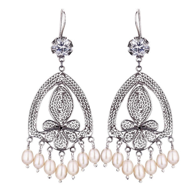 Yvone Christa_VICTORIAN BLOSSOM EARRINGS WITH CREAM PEARL FRINGE_E3816