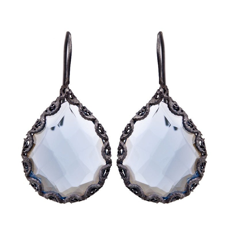 Yvone Christa_OXIDIZED FILIGREE FRAMED BLUE GREY AQUA LEMURIA EARRINGS _E3902