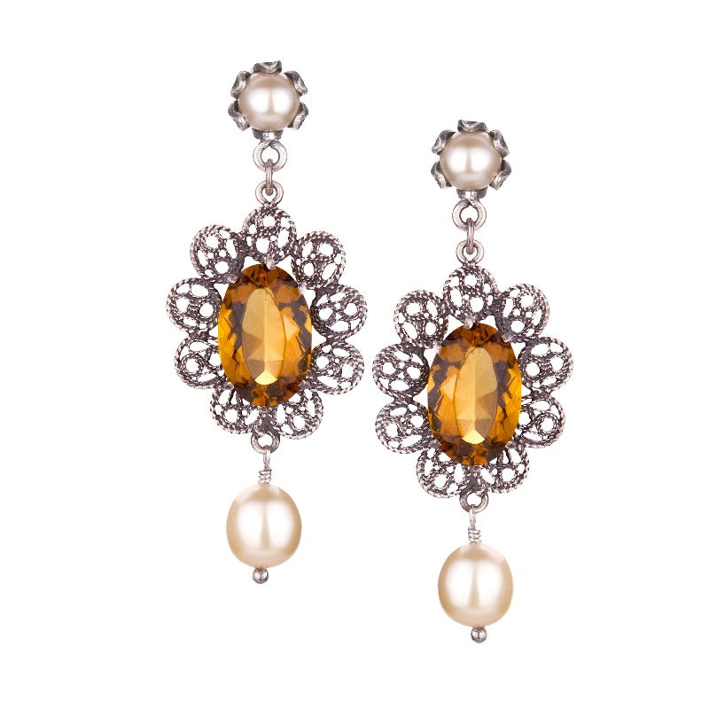 Yvone Christa_A VINTAGE DESIGN FILIGREE EARRING WITH CITRINE AQUA LEMURIA AND CREAM PEARLS_E3946