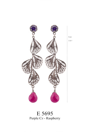 Silver Filigree Flower Petal Earrings - purple CZ / raspberry jade ✿