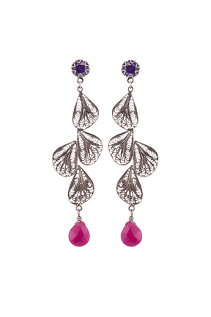 Boucles d'oreilles pétales de fleurs en filigrane d'argent - CZ violet / jade framboise ✿ 